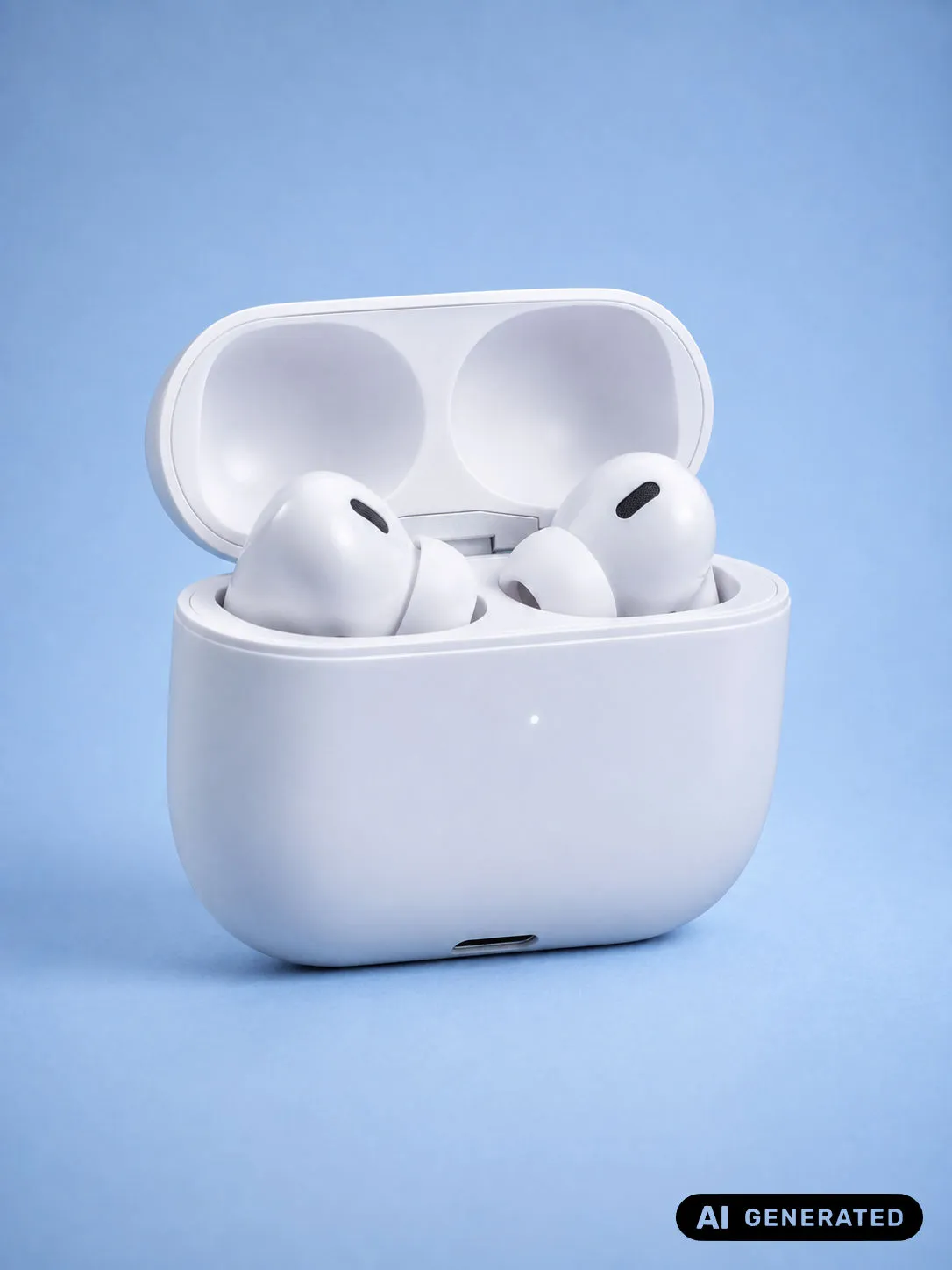 White wireless earbuds in an open charging case on a blue background with an AI Generated label in the bottom-right corner.