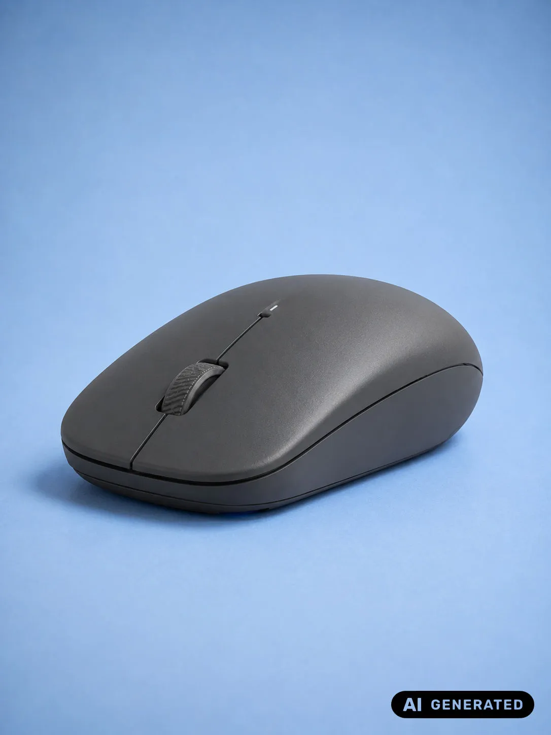 Black computer mouse on a blue background with an AI Generated label in the bottom-right corner.