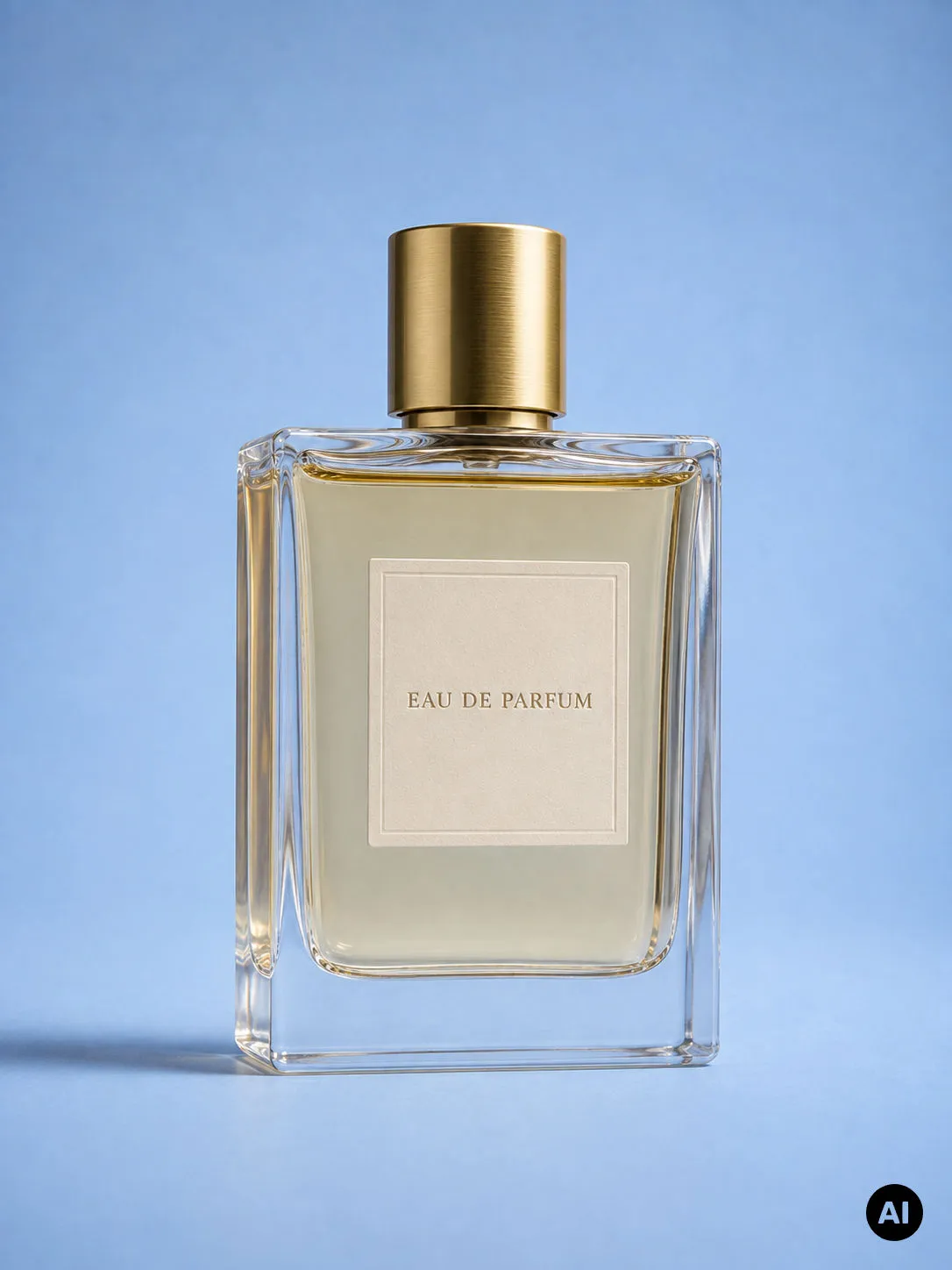 Glass perfume bottle with a gold cap on a blue background with an AI Generated label in the bottom-right corner.